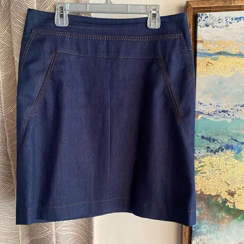 Akris Punto Pencil Skirt Size 6 Denim Dark Blue Lined Pocket